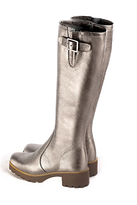 Women's antique gold custom-made buckle knee-high boots with  and  - Profile view